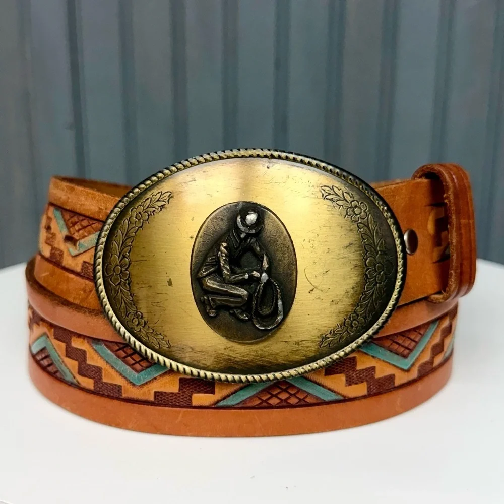 Vintage Chambers Leather Western Belt Tan Tooled Painted Brass Cowboy Buckle